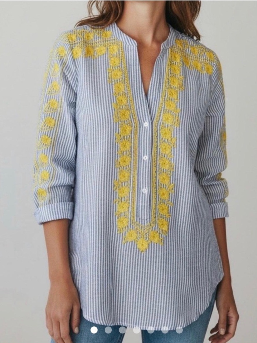 J. Crew Blue & Yellow Striped Embroidered Split-Neck Tunic